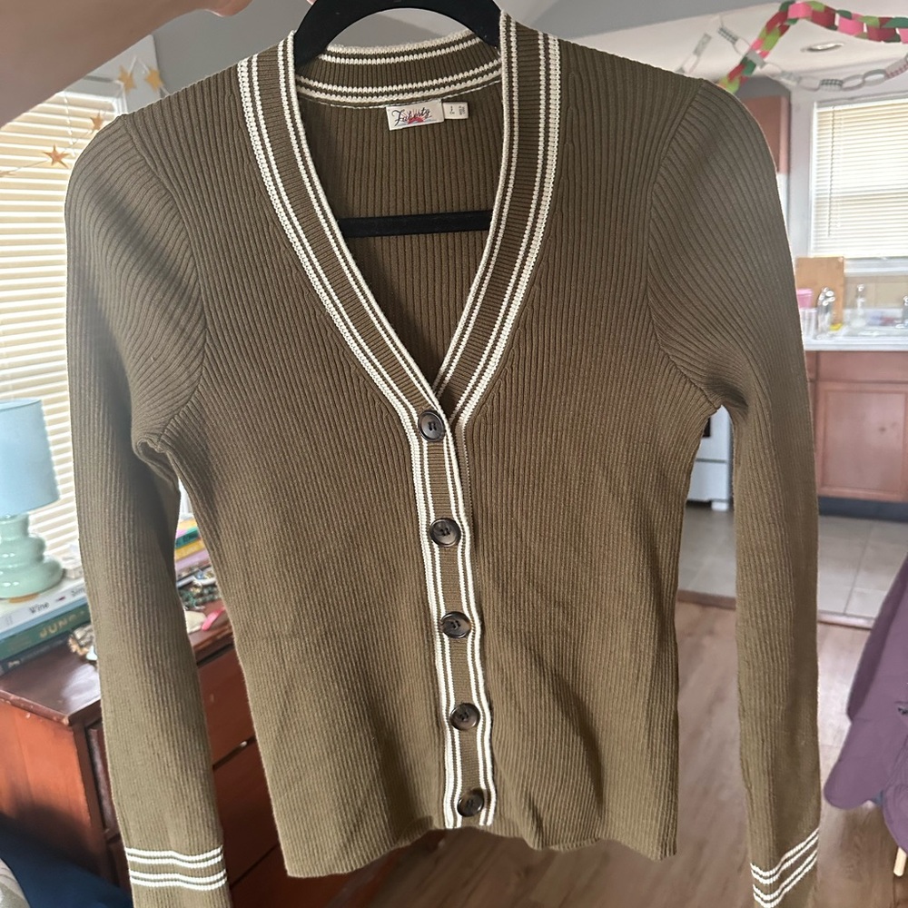 Faherty Olive Cardigan with White Trim
